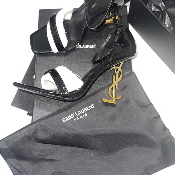 Saint Laurent Shoes - Saint Laurent Black with Gold Logo Heels